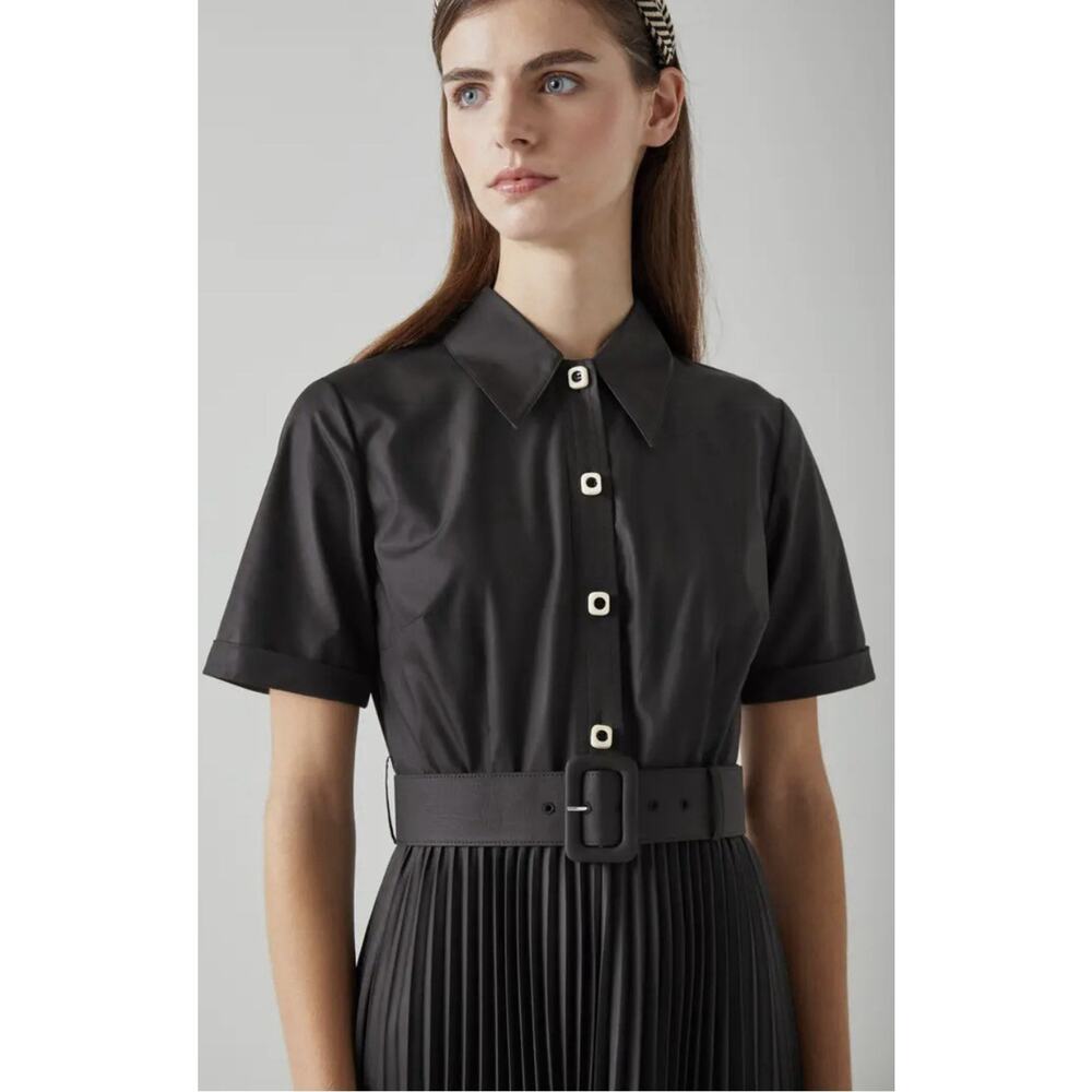 NWT LK Bennett Cally Pleated Shirt Dress Women's 16 Black Preppy Designer Office - Picture 3 of 15